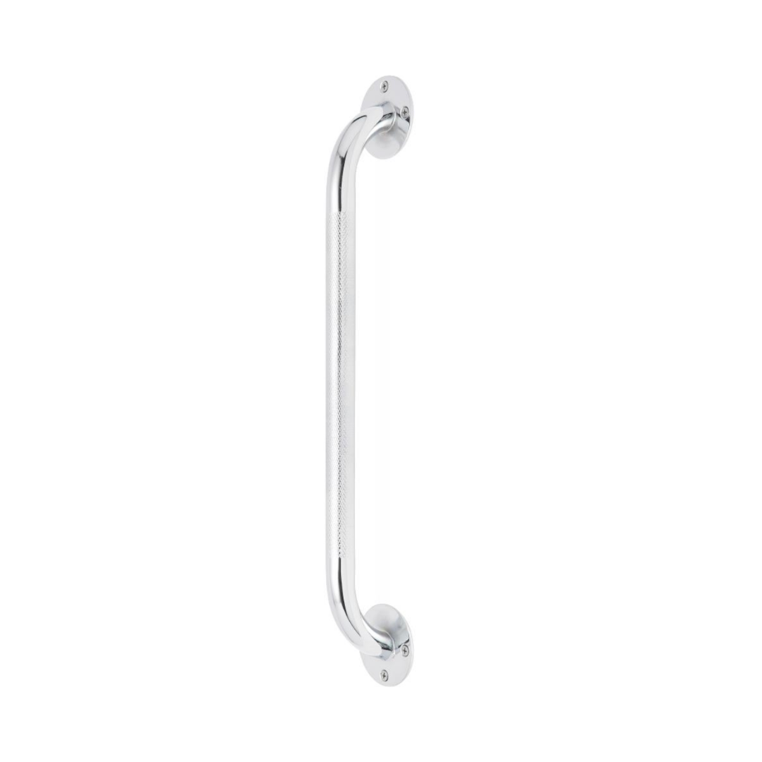 The Medline Knurled Chrome Grab Bars are wall-mounted fall prevention bars featuring knurled-texture steel for a non-slip grip, chrome finish, mounting plates on both ends, and a 300-lb weight capacity for added stability and support.